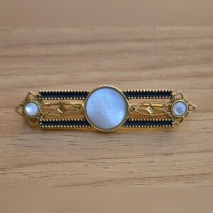 Vintage 1928 Brand Art Deco Bar Brooch Mother of Pearl & Black Enamel Gold Tone